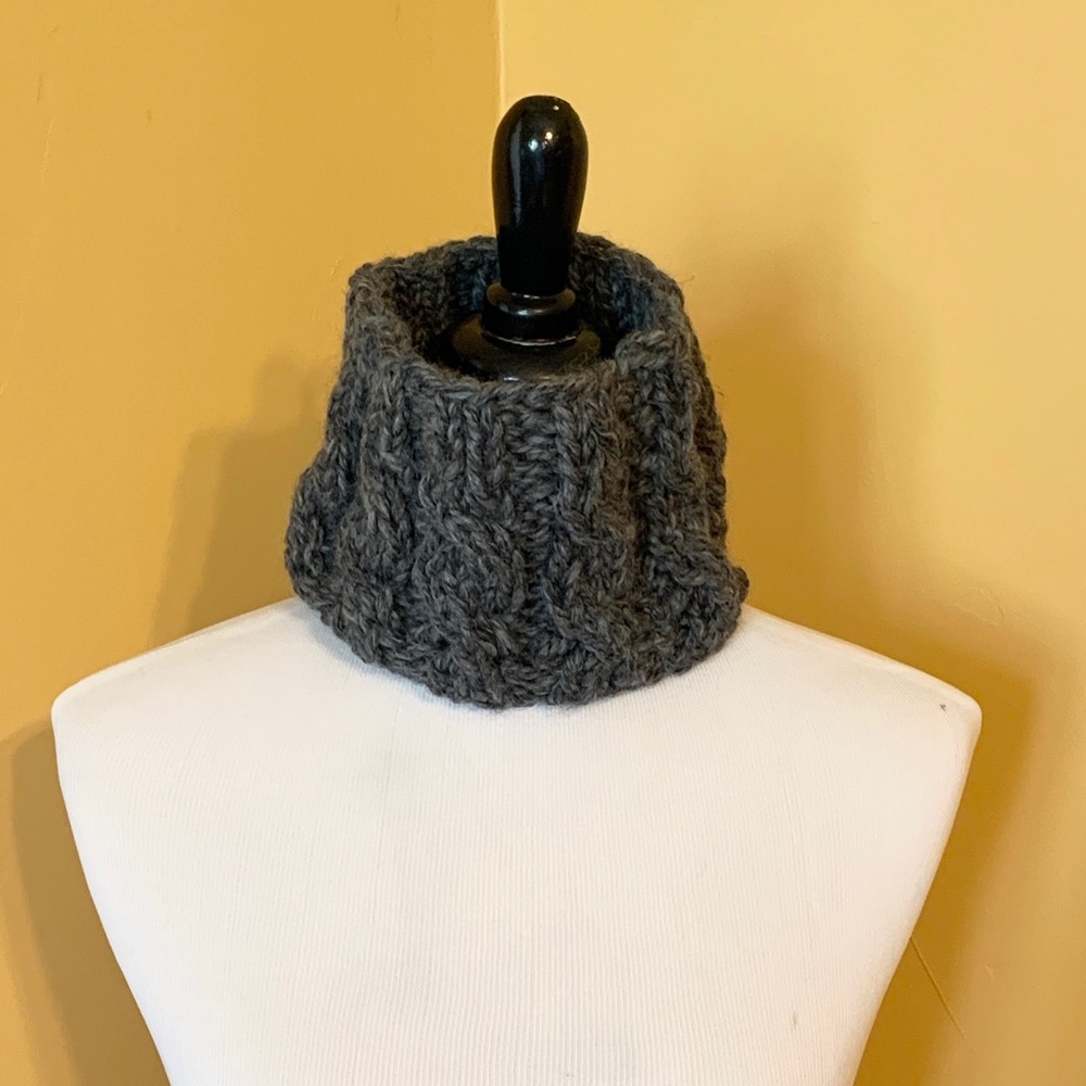 Charcoal tweed handknit-by-me cabled neckwarmer.